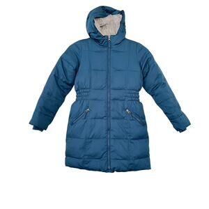 Land's End Girls Teal Faux Fur Lined Long Hooded Winter Jacket Coat size 7-8